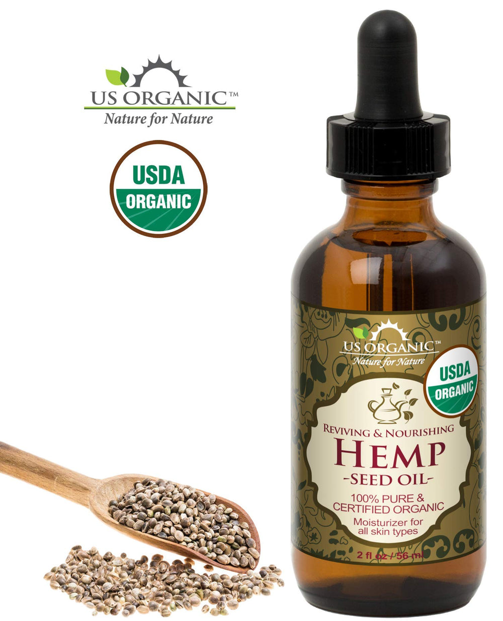 Close-up label of US Organic hemp seed oil showing USDA certification and virgin quality.