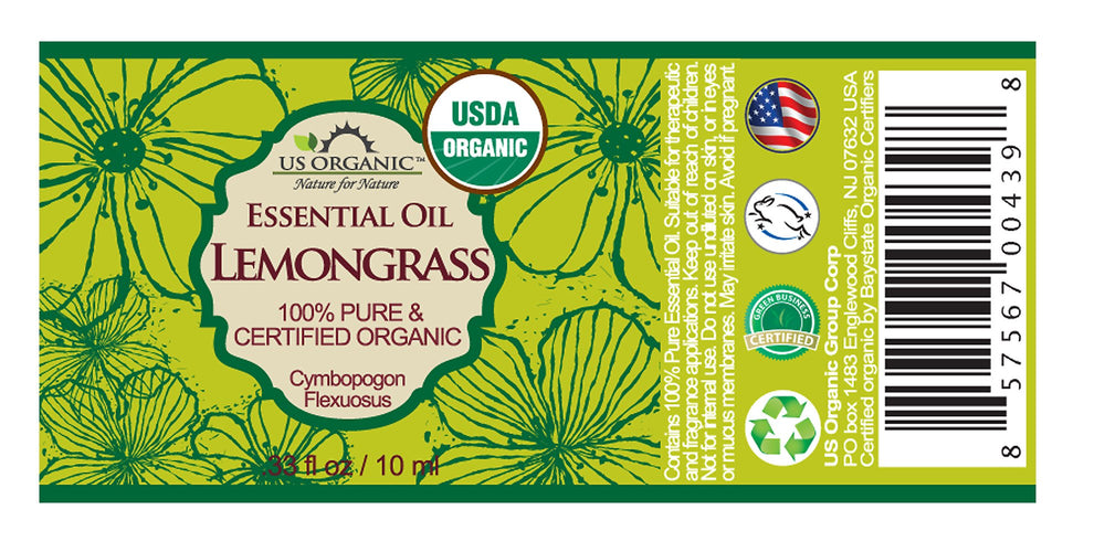 US Organic Lemongrass Oil bottle label close-up showing purity