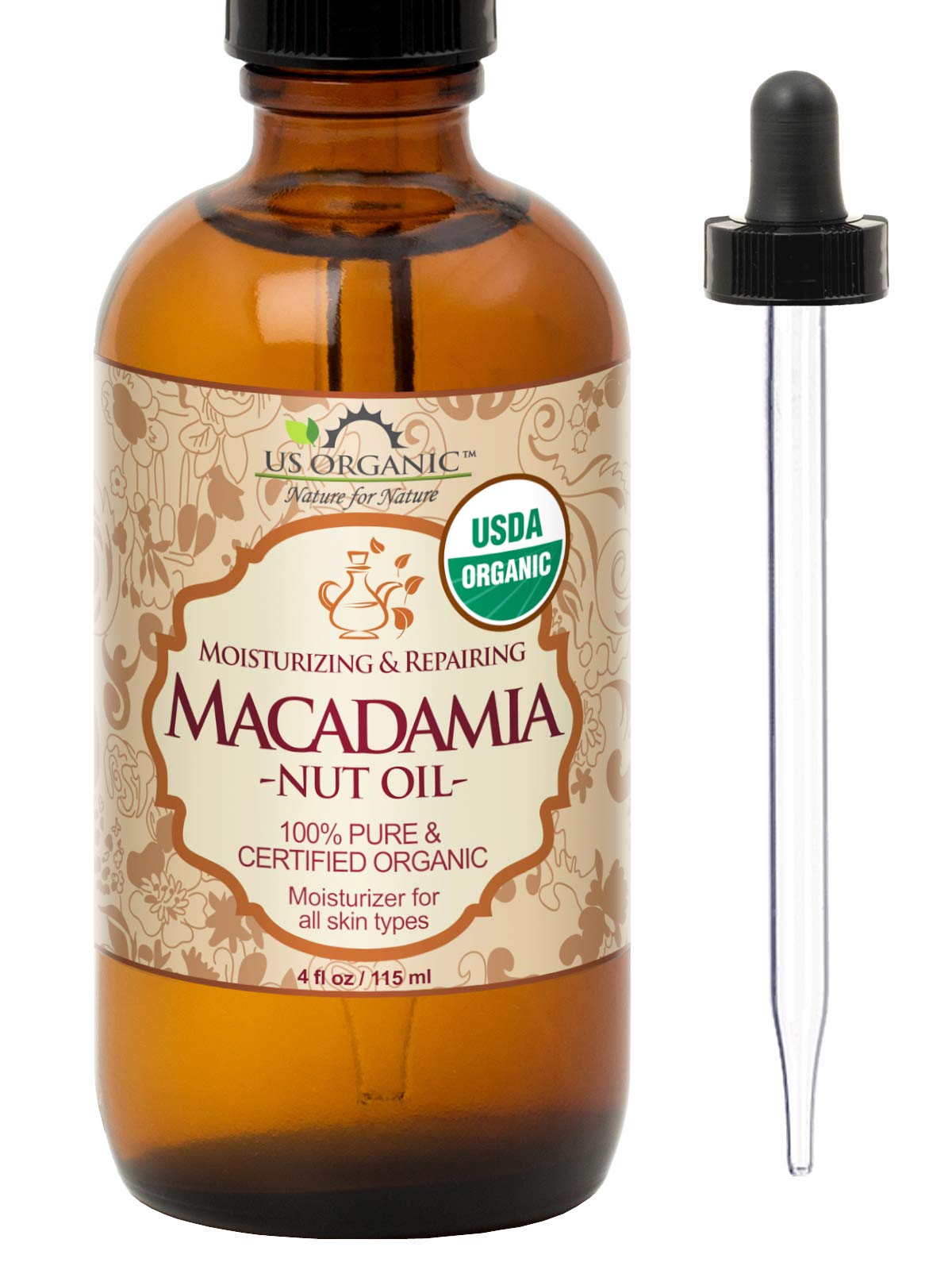 US Organic Macadamia Nut Oil in amber bottle with dropper for easy application