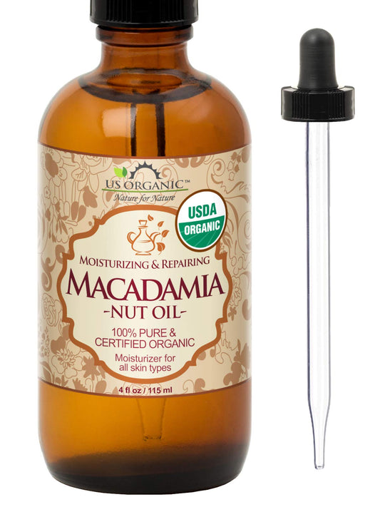 US Organic Macadamia Nut Oil in amber bottle with dropper for easy application