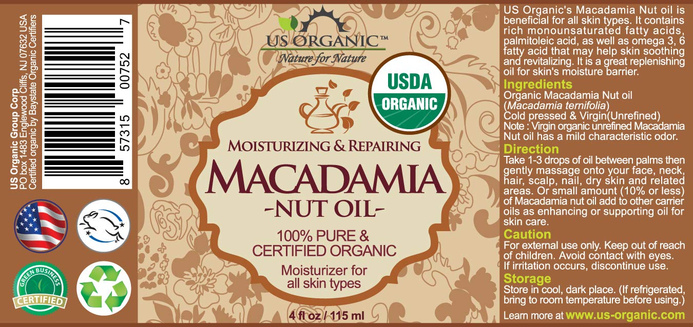 US Organic Macadamia Nut Oil amber bottle with dropper for precise dosing