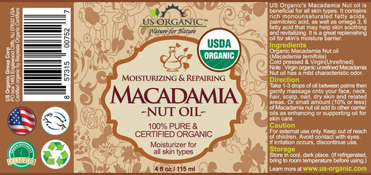 US Organic Macadamia Nut Oil amber bottle with dropper for precise dosing