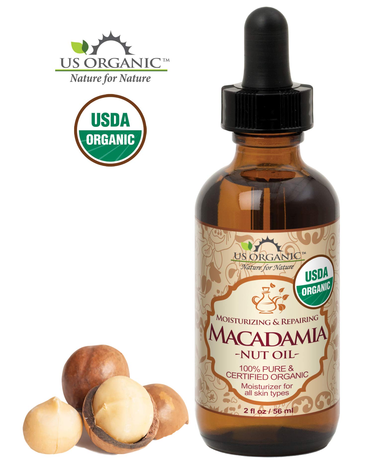 US Organic Macadamia Nut Oil amber bottle emphasizes light color and aroma