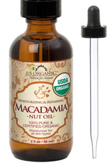 US Organic Macadamia Nut Oil bottle showing fast-absorbing, non-greasy finish