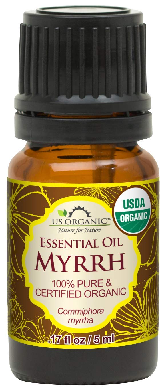 US Organic Myrrh essential oil bottle for premium aromatherapy blends.