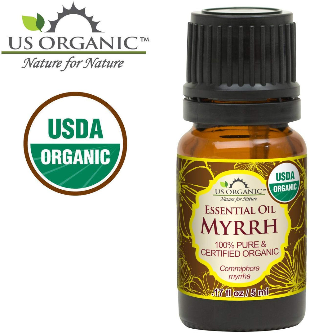 US Organic Myrrh essential oil dropper for diffusing and blending.