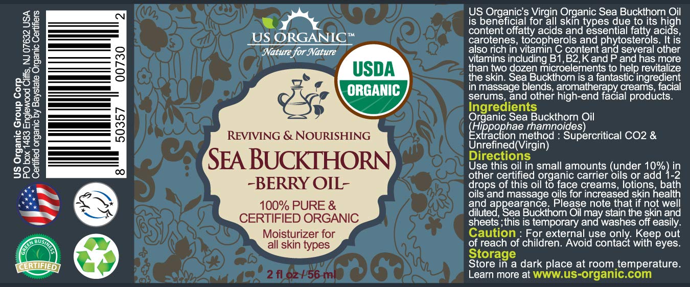 US Organic Sea Buckthorn Berry Oil amber glass bottle showcases premium unrefined oil.