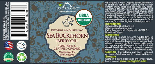 US Organic Sea Buckthorn Berry Oil amber glass bottle showcases premium unrefined oil.