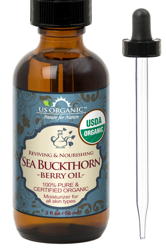 US Organic Sea Buckthorn Berry Oil bottle in amber glass for pure facial care.