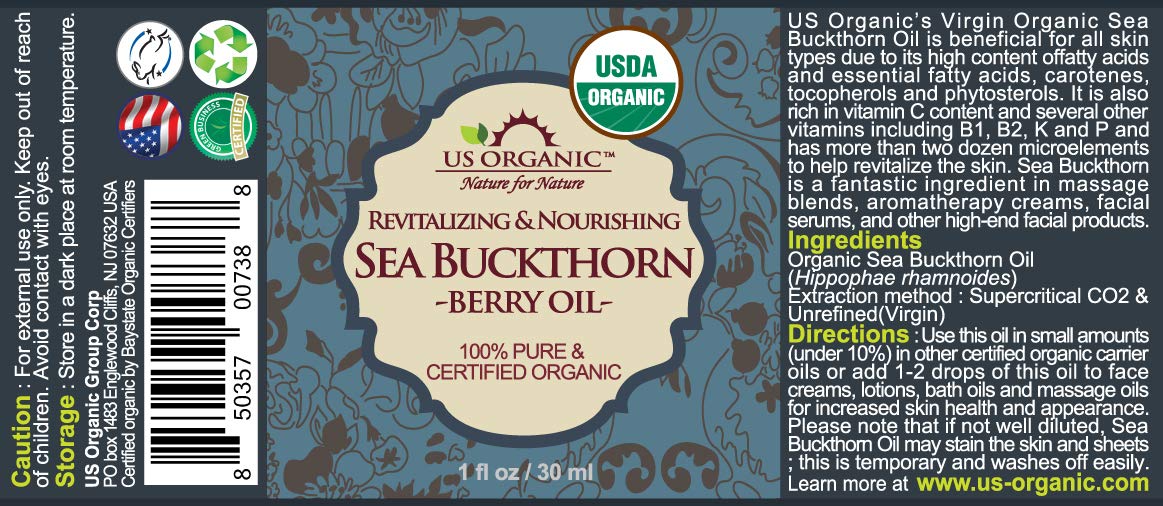 Close-up of US Organic Sea Buckthorn Oil label with organic certification.