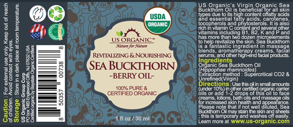 Close-up of US Organic Sea Buckthorn Oil label with organic certification.