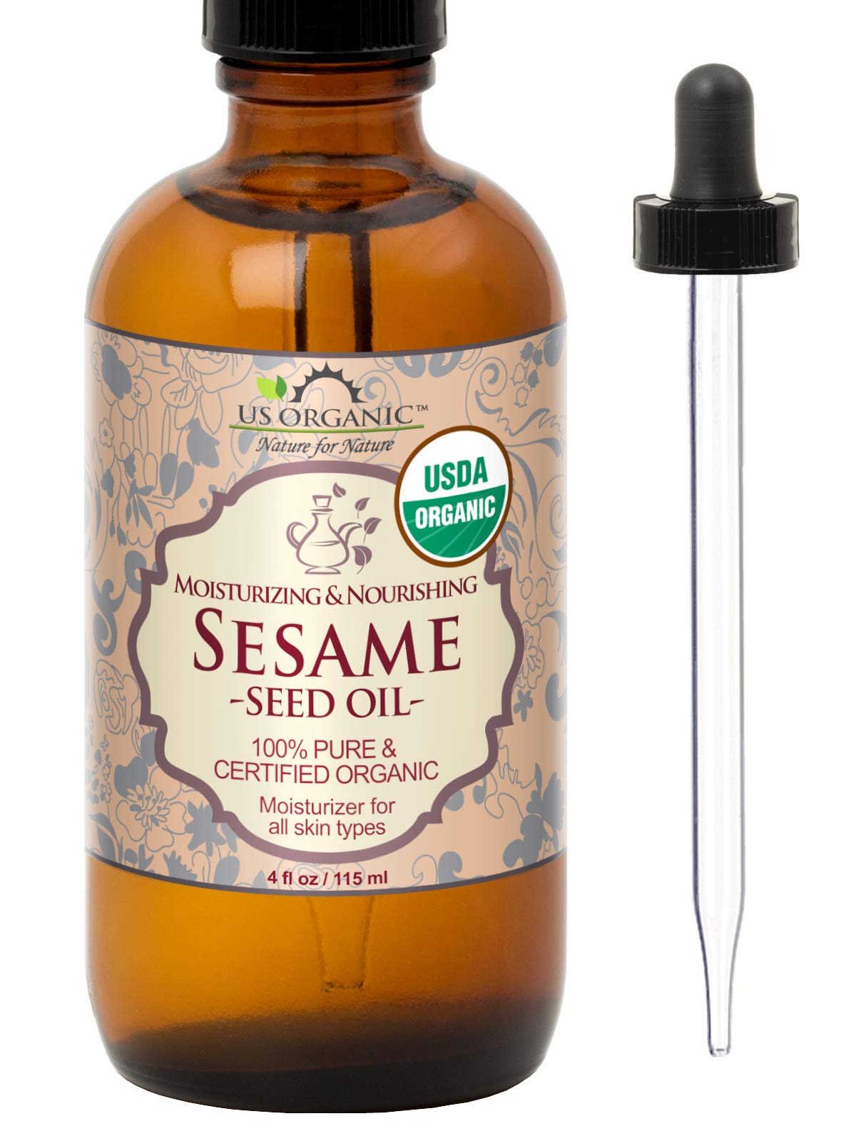US Organic sesame oil in an amber bottle ideal for skin hydration and easy application.
