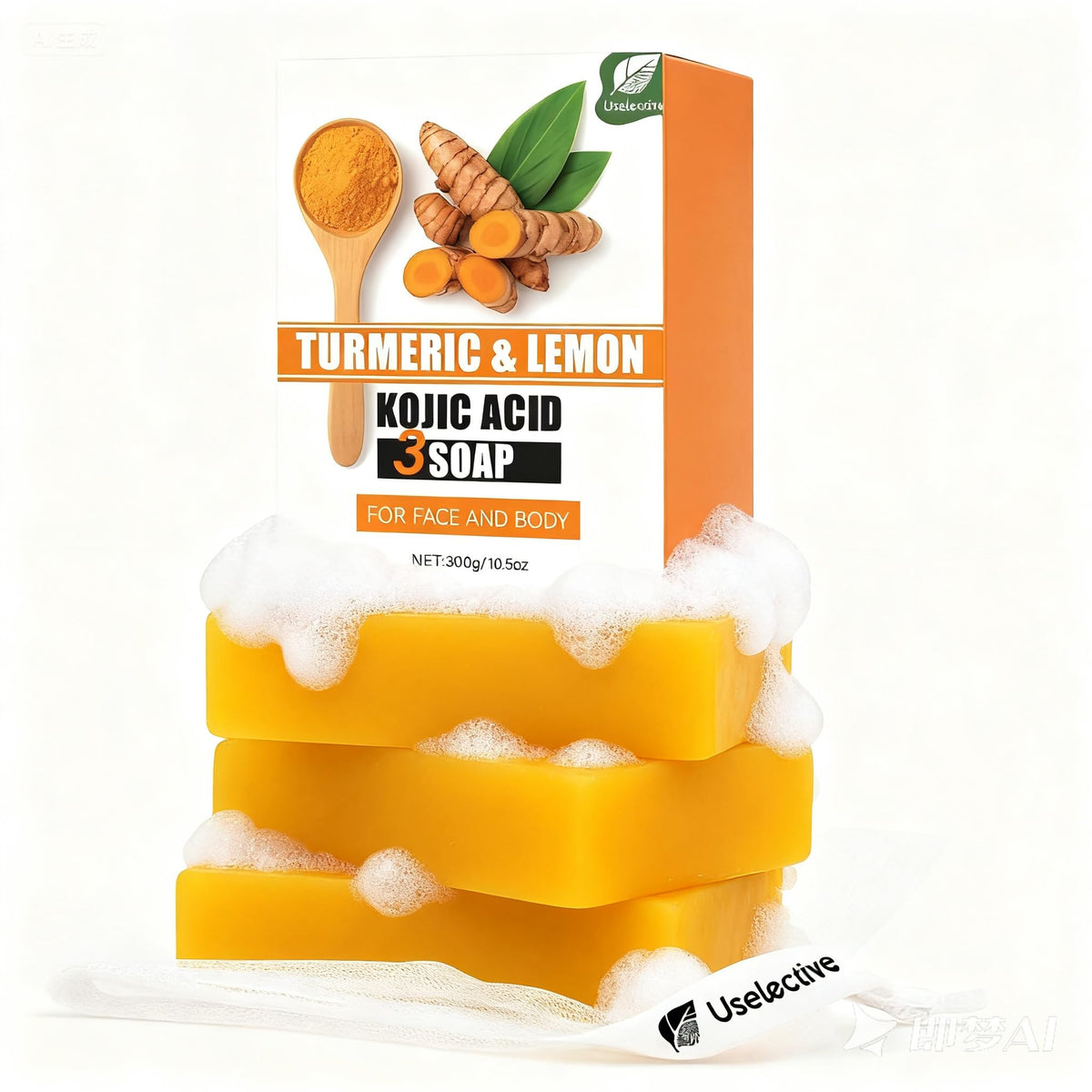 Uselective lemon-turmeric soap bar 3-pack promotes even tone and gentle cleansing.