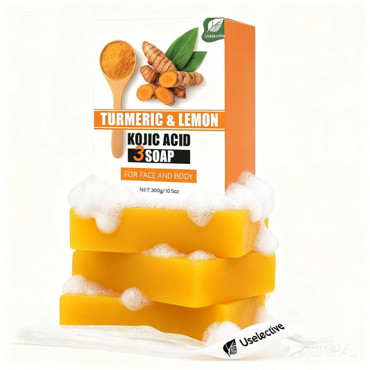 Uselective lemon-turmeric soap bar 3-pack promotes even tone and gentle cleansing.