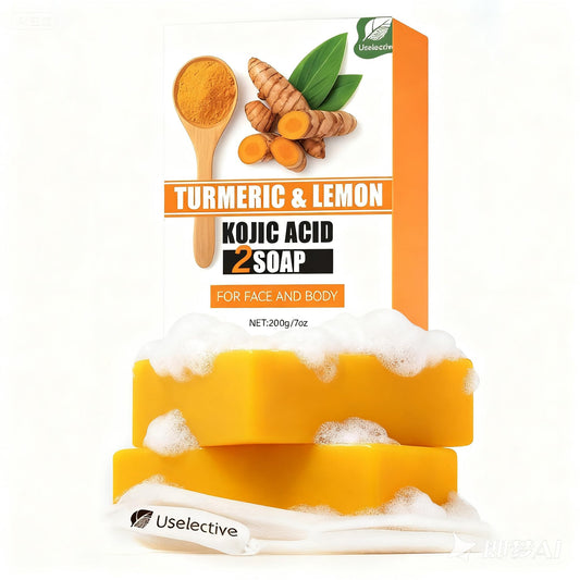 Uselective turmeric-lemon glow soap bar front view highlighting brightening potential.