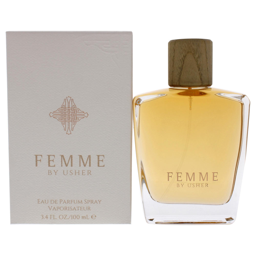 Usher Femme EDP spray bottle showcases a sleek design for daily elegance.