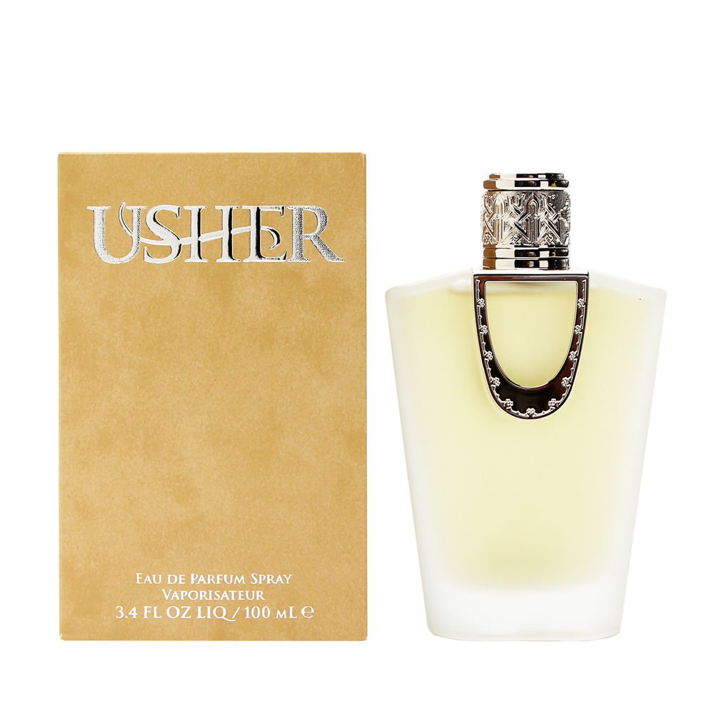 Usher Women Eau de Parfum bottle on a vanity, long-lasting fragrance for daily wear.