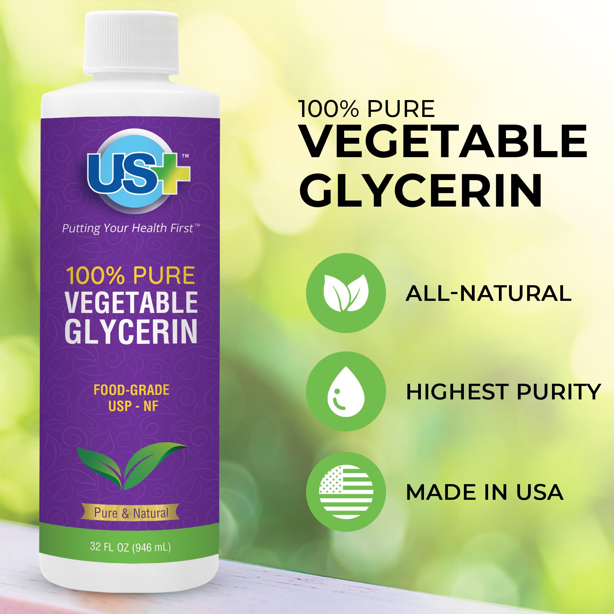 US+ 32oz glycerin label close-up highlights USP purity and quality.