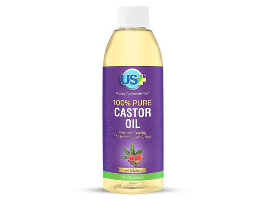 US+ Castor Oil bottle closeup for convenient daily use.