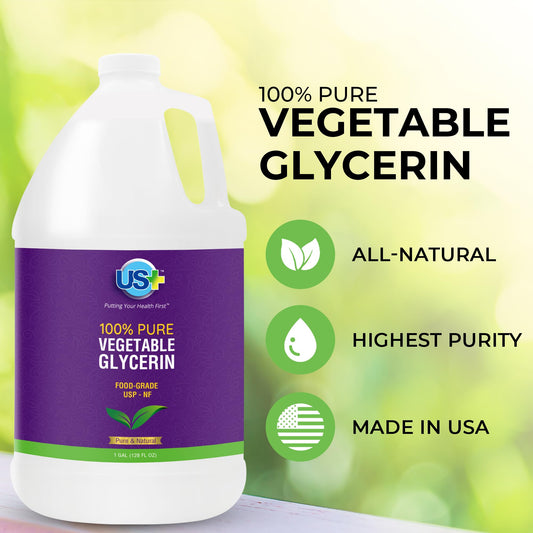 US+ glycerin bottle label closeup highlighting purity and no additives