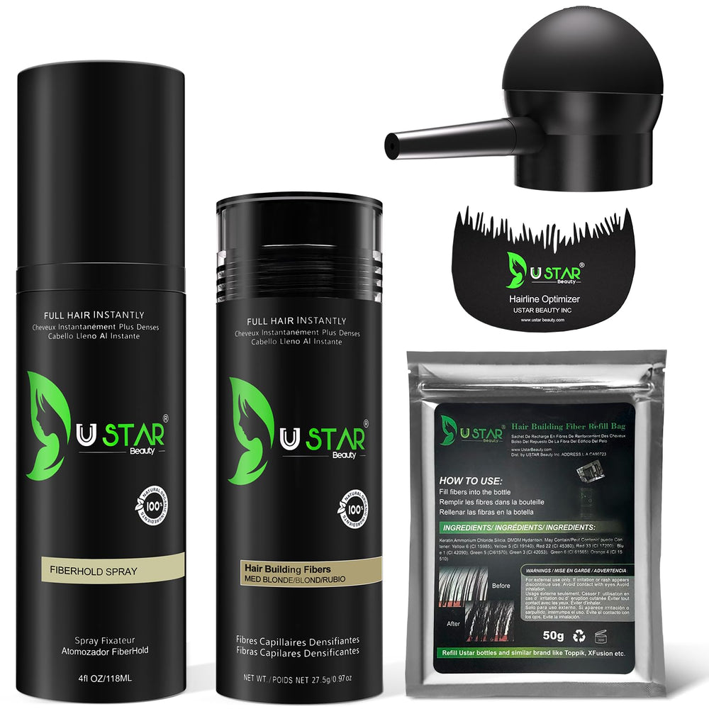 USTAR hair-building fibers 27.5g bottle blending for a fuller look.
