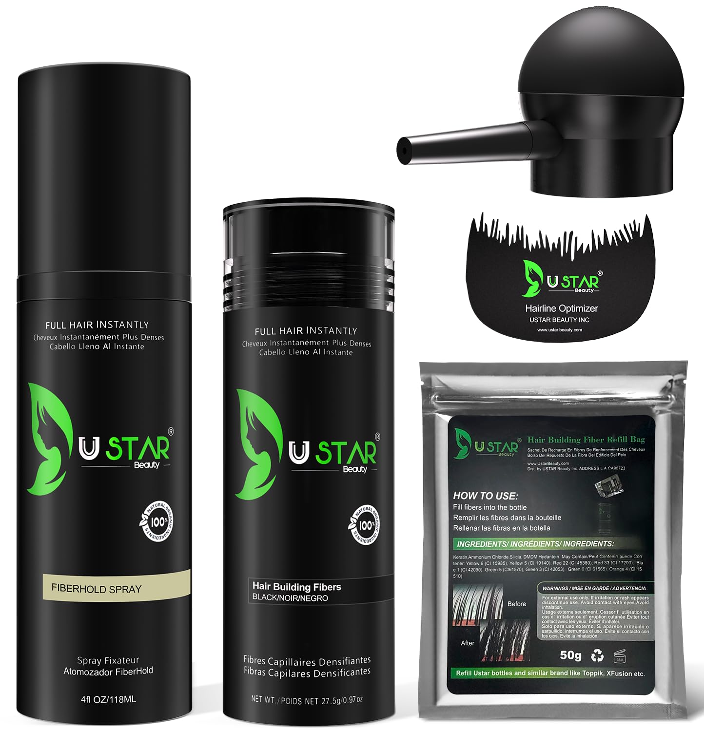 USTAR Hair Building Fibers bottle shows natural keratin fibers for a fuller look.
