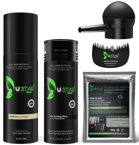 USTAR Hair Building Fibers bottle shows natural keratin fibers for a fuller look.
