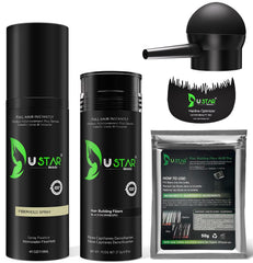 USTAR Hair Building Fibers bottle shows natural keratin fibers for a fuller look.