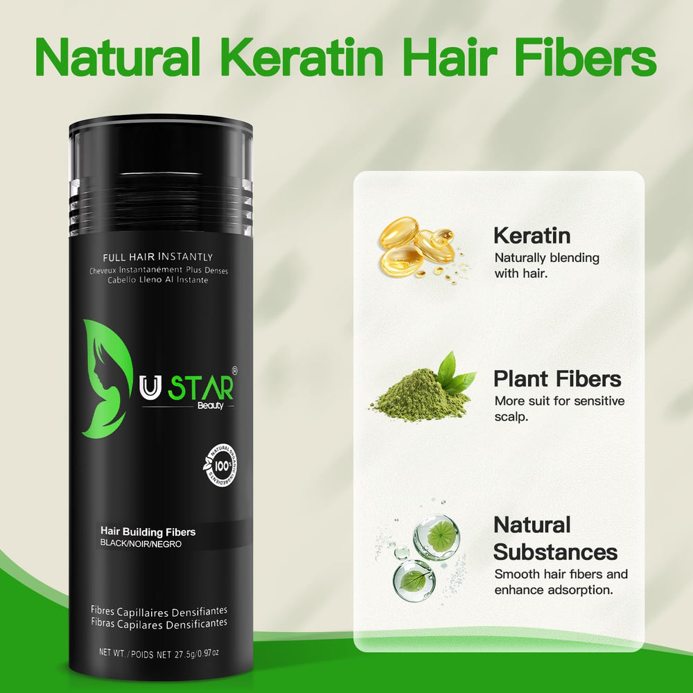 USTAR Hair Fiber Holding Spray bottle demonstrates long-lasting hold.