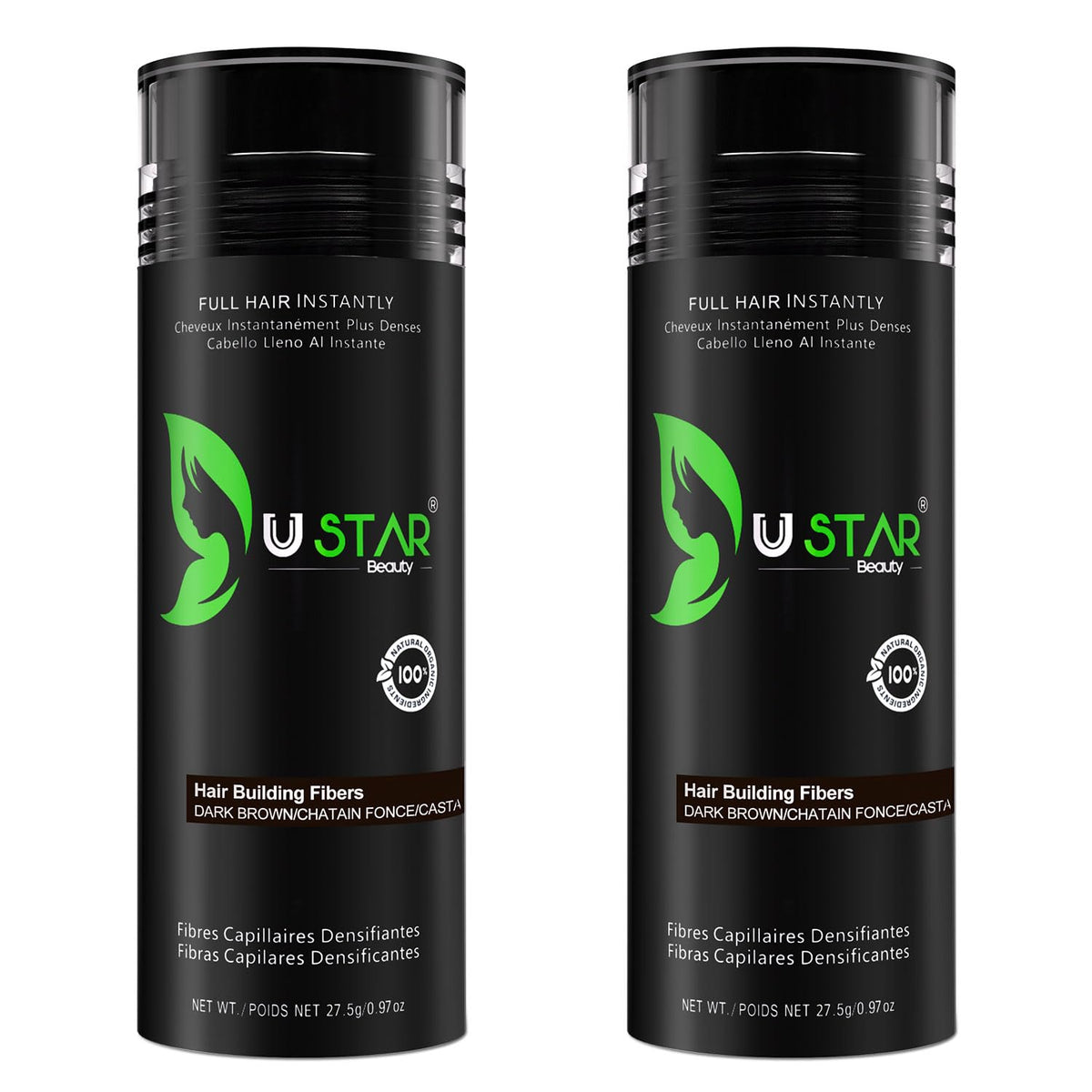 USTAR Hair Fibers 55g bottle delivering instant volume with natural-looking coverage.