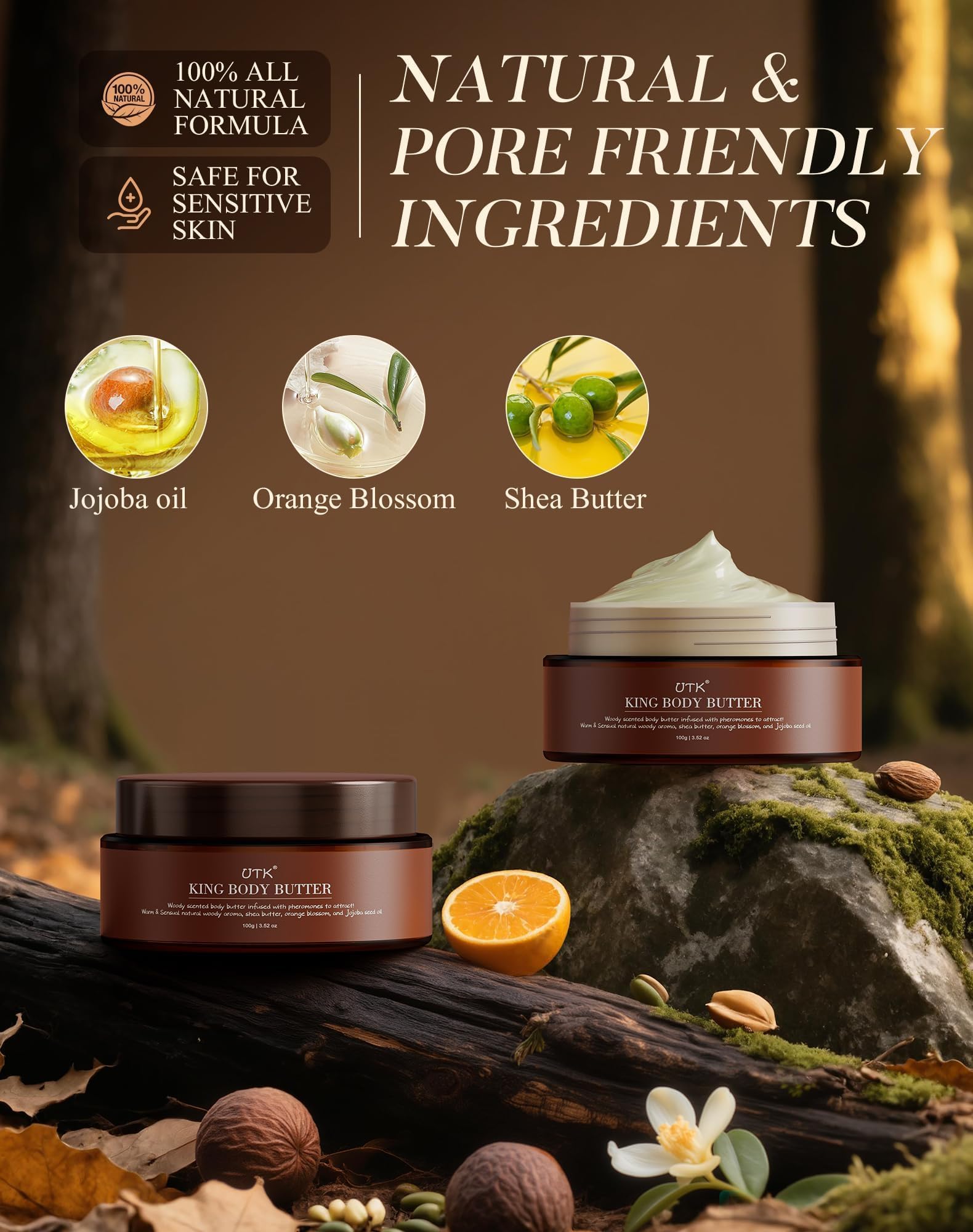 UTK King Body Butter uses organic shea and jojoba for nourishing, balanced skin.