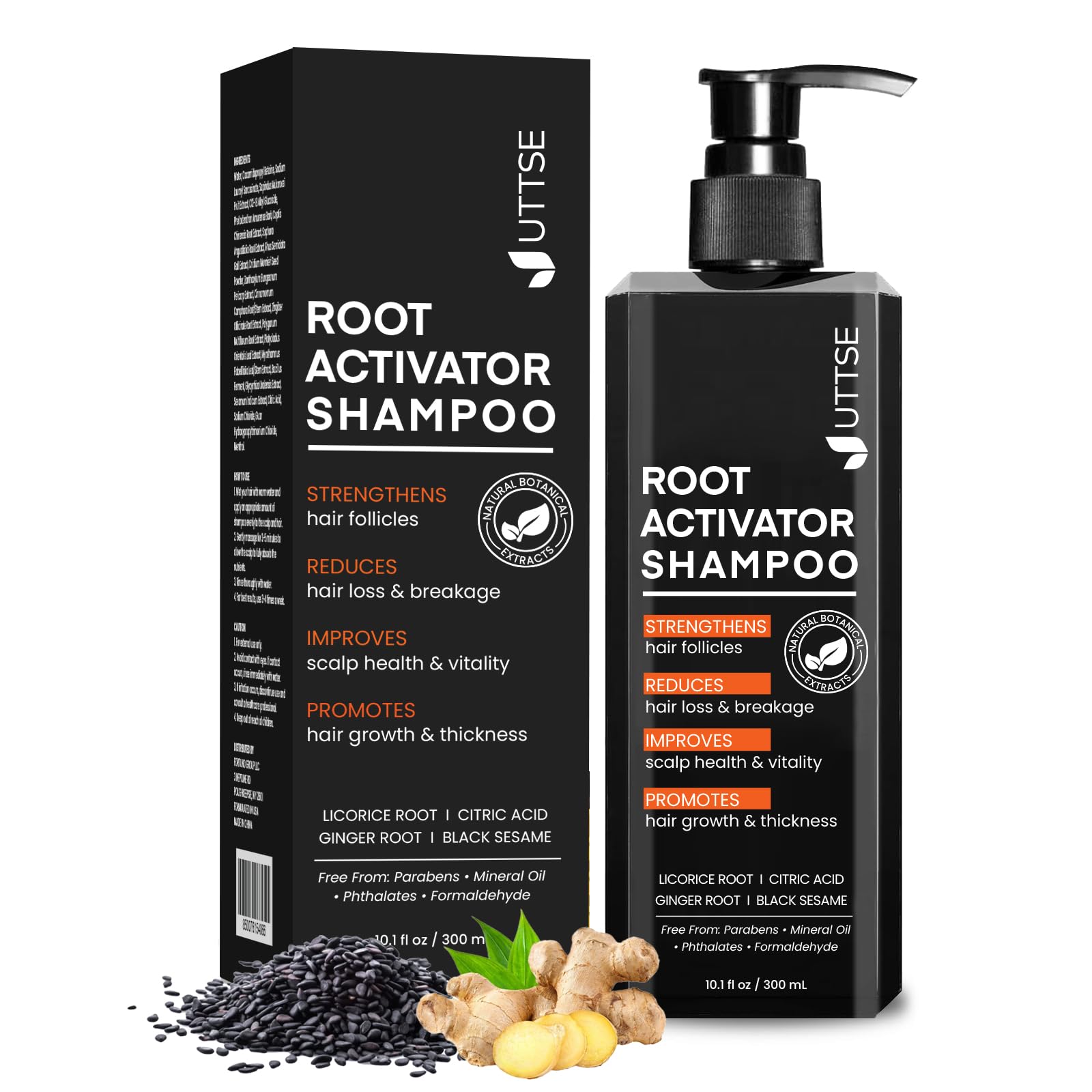 Uttse Root Activator Shampoo bottle front for daily use and fuller hair.