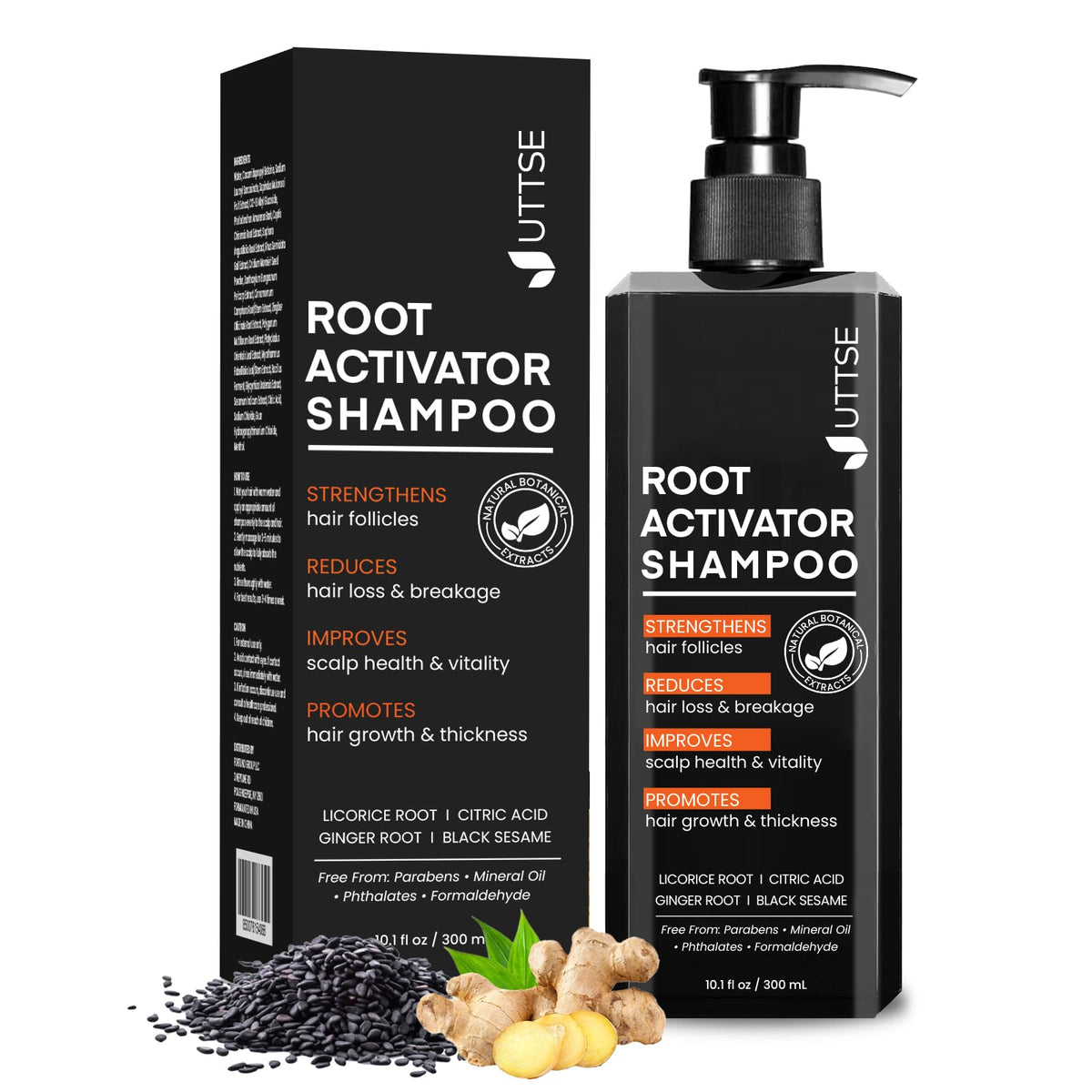 Uttse Root Activator Shampoo bottle front for daily use and fuller hair.