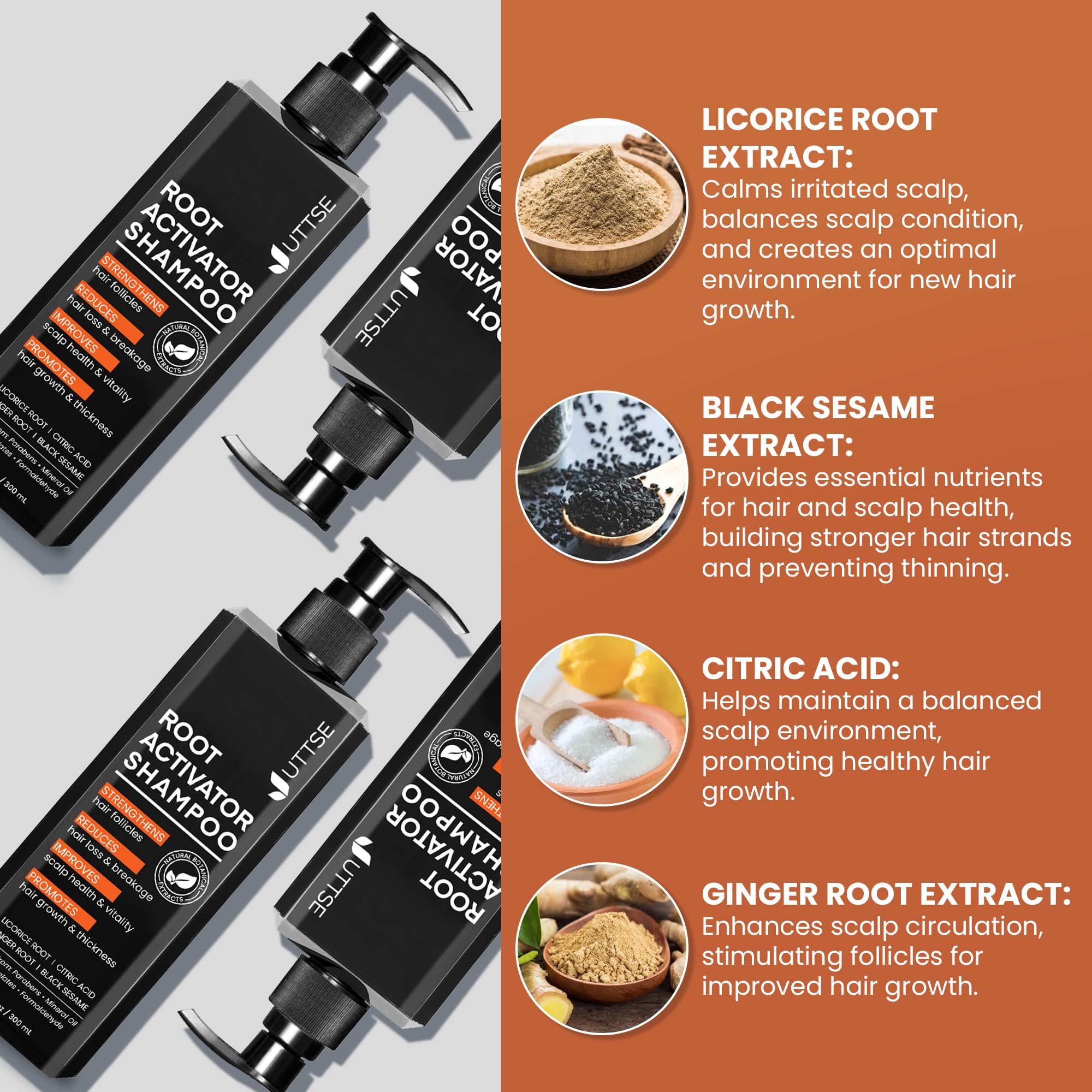 Uttse Root Activator Shampoo scalp-care close-up with product in hand.