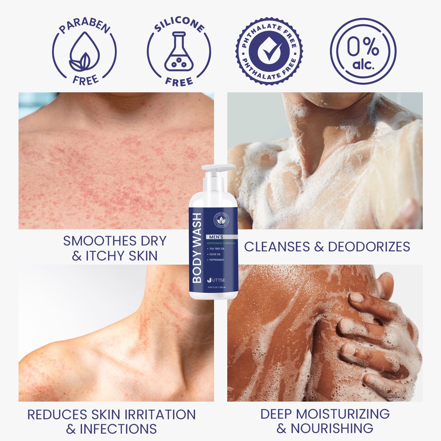 Uttse Tea Tree Body Wash pour shows quick lather and invigorating scent.