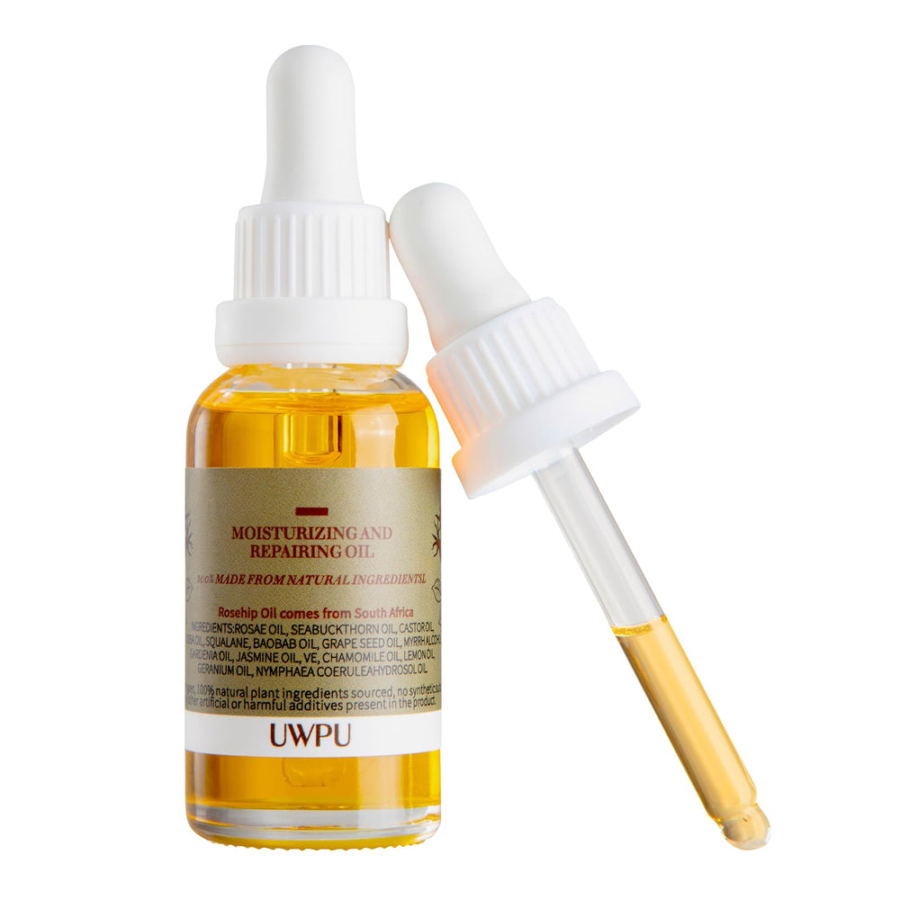 UWPU Organic Rosehip Oil bottle closeup shows pure hydration and natural glow.