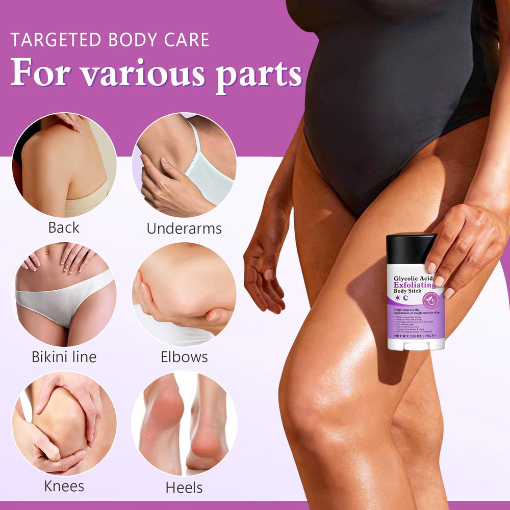 Hands applying UXENPHXF Glycolic Body Stick on dry area with smooth glide