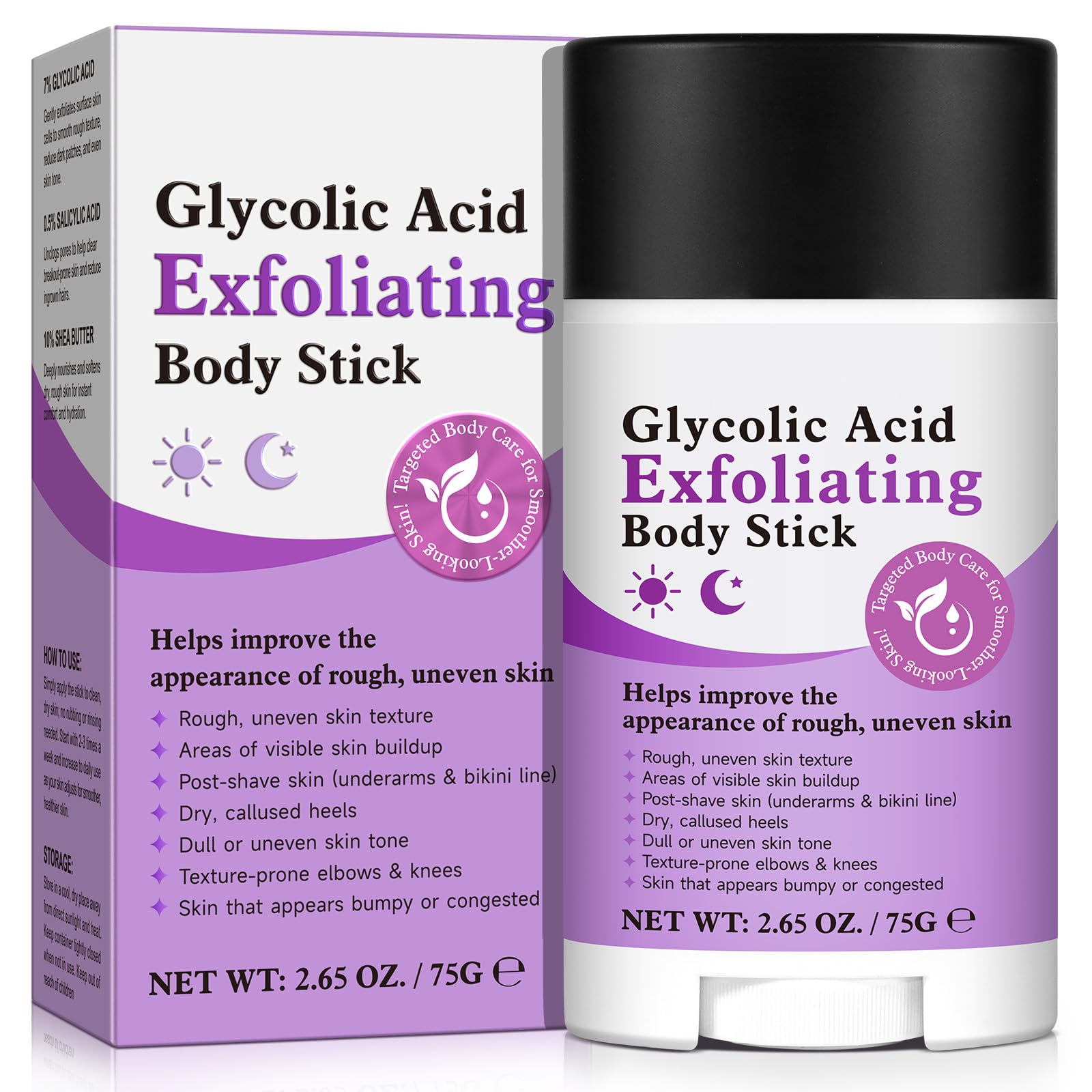 UXENPHXF Glycolic Body Stick packaging in compact solid form for travel-ready exfoliation