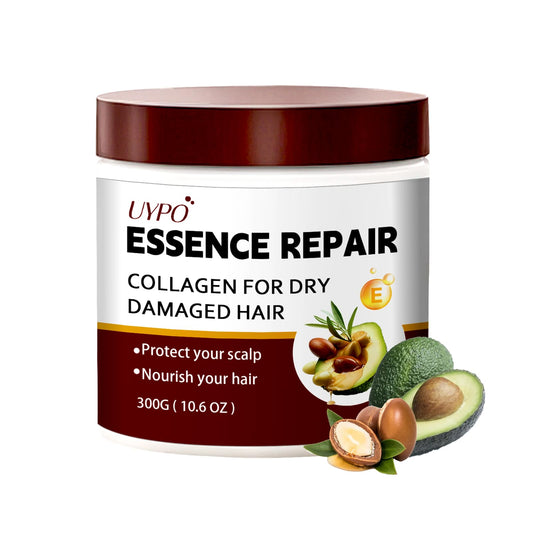 UYPO collagen keratin hair mask bottle closeup, illustrating smoothing formula for damaged hair.