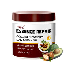 UYPO collagen keratin hair mask bottle closeup, illustrating smoothing formula for damaged hair.