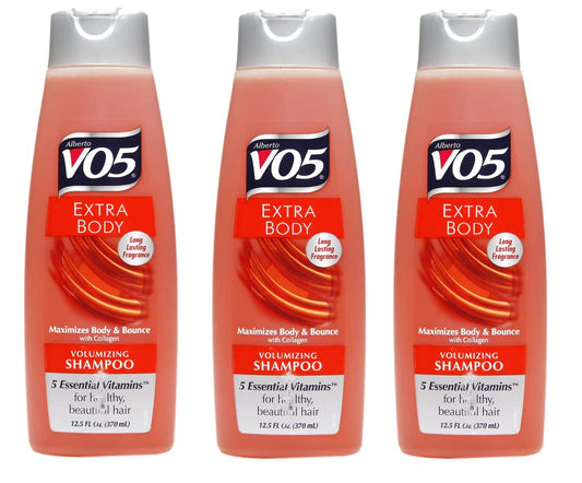 V05 Alberto VO5 Extra Body shampoo bottle front showing volume-boosting formula