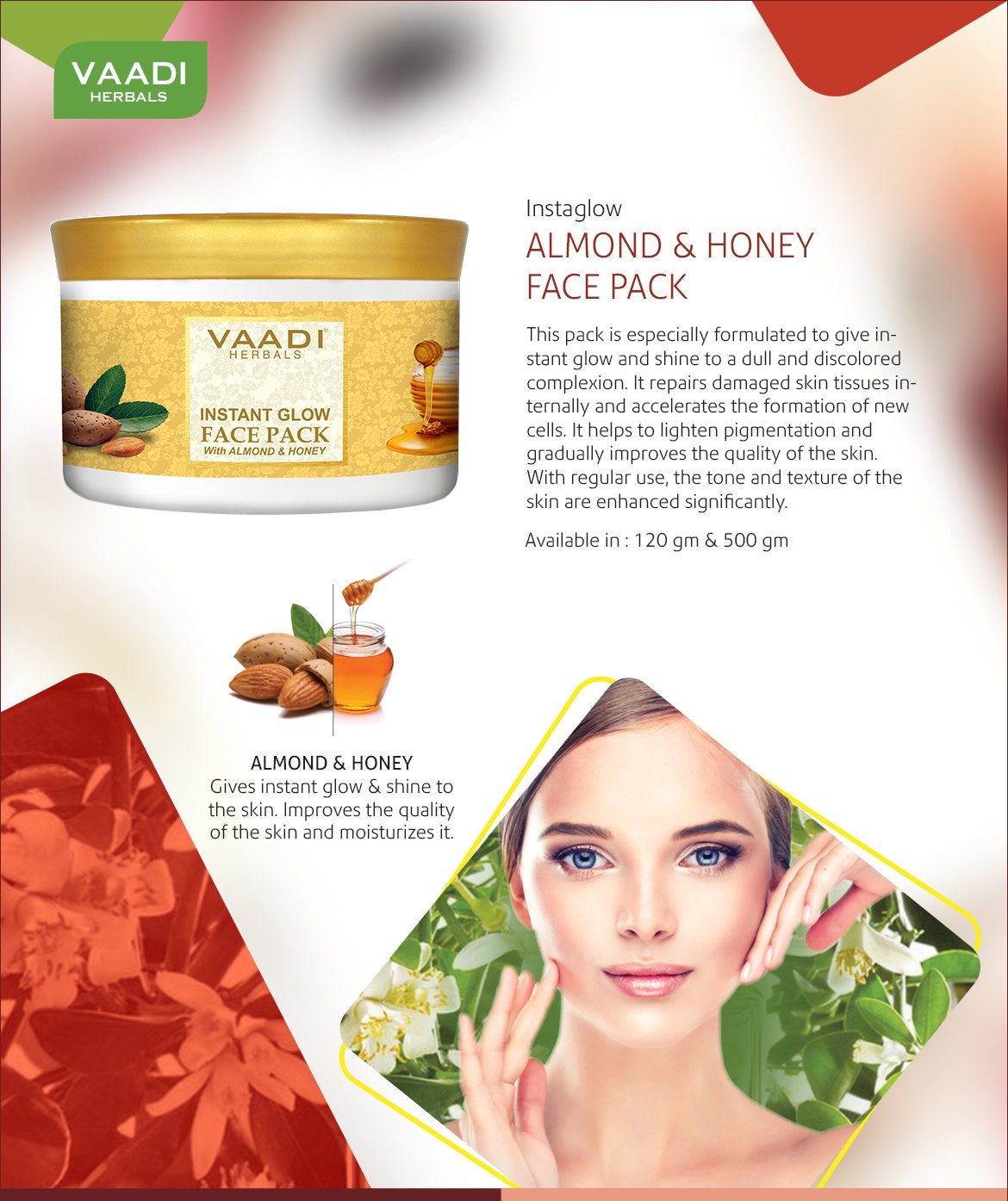 Vaadi Herbals Almond and Honey Face Pack packaging highlights a sulfate-free, all-natural formula