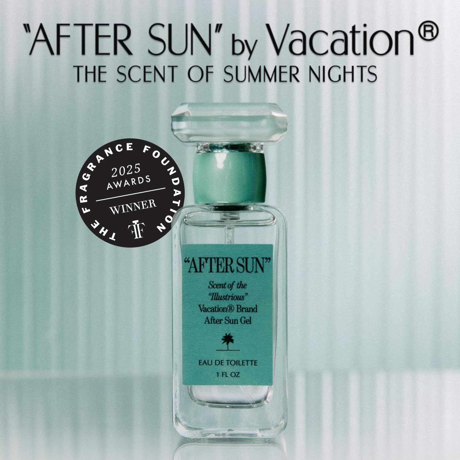 VACATION After Sun brand logo closeup, signals trusted scent crafted with vacation vibes.