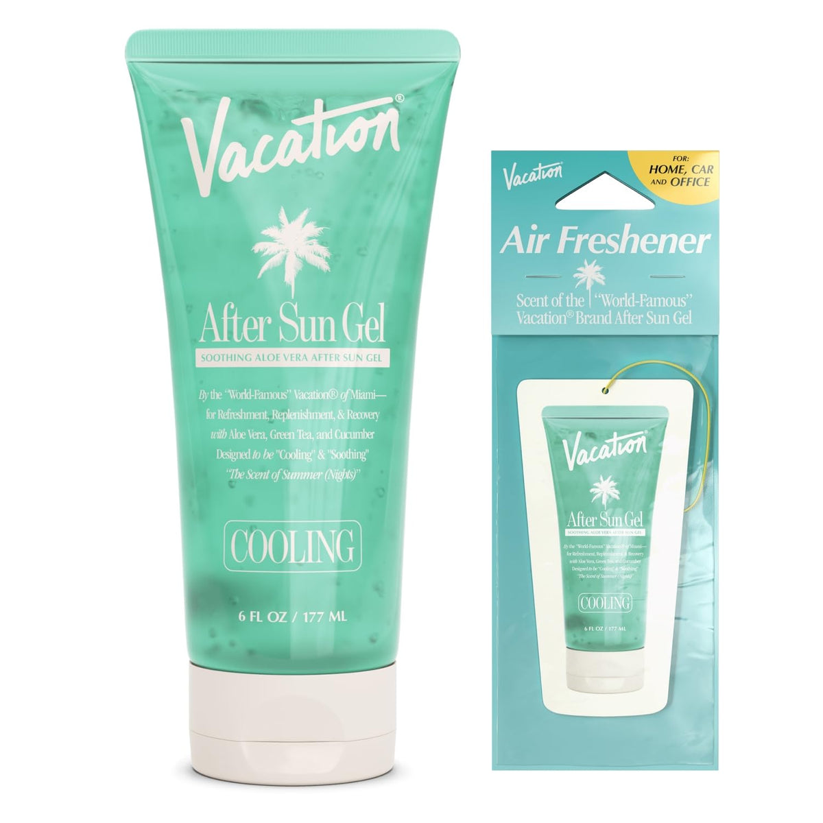 VACATION After Sun Gel bottle closeup highlighting soothing aloe formula for sunburn relief.