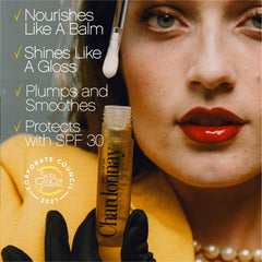 VACATION Chardonnay Lip Oil gloss shine image conveys non-sticky, glass-like finish.