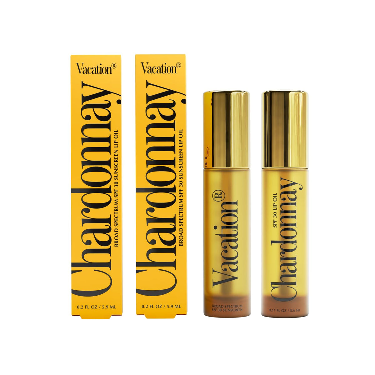 VACATION Chardonnay Lip Oil SPF 30 pack-2 shown with protective, hydrating lip nourishment for daily use.