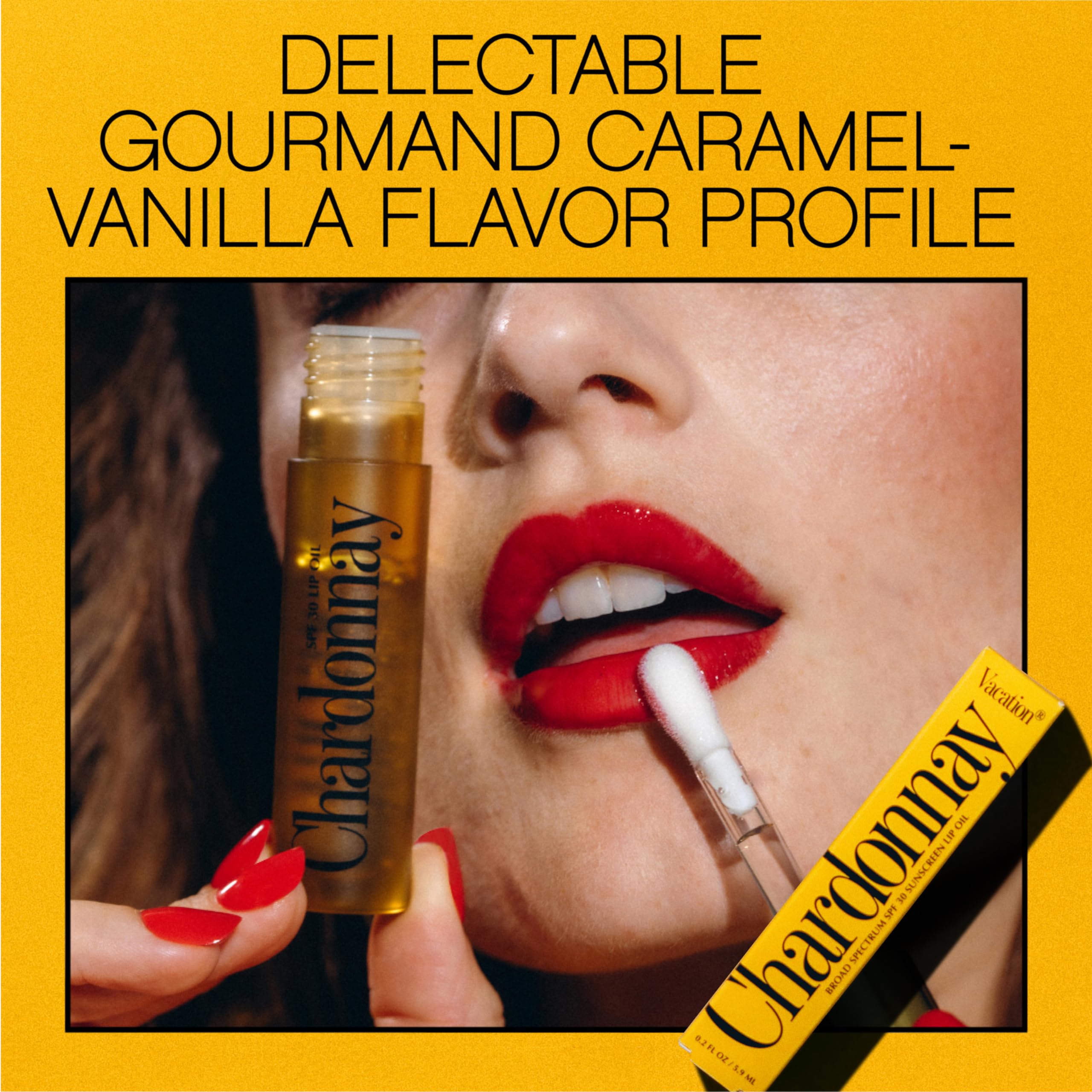 VACATION Chardonnay Lip Oil SPF 30 provides daily sun protection for lips during outdoor activities.