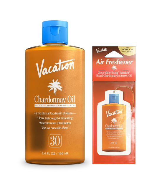 VACATION Chardonnay Oil SPF30 bottle shows travel-friendly sunscreen with a subtle, healthy glow.