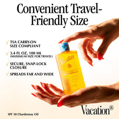 VACATION Chardonnay Oil SPF30 on skin appears invisible across tones while hydrating.