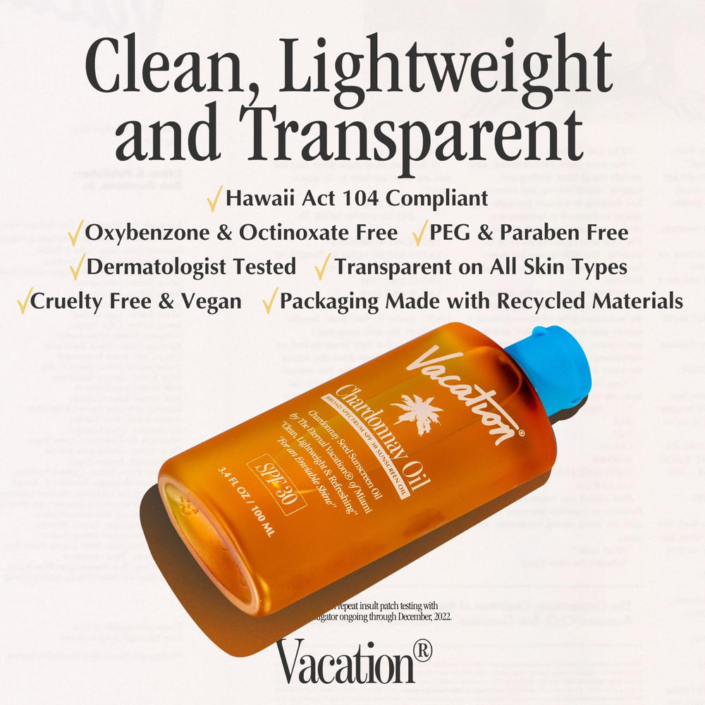 VACATION Chardonnay Oil SPF30 water-resistant formula supports active days outdoors.